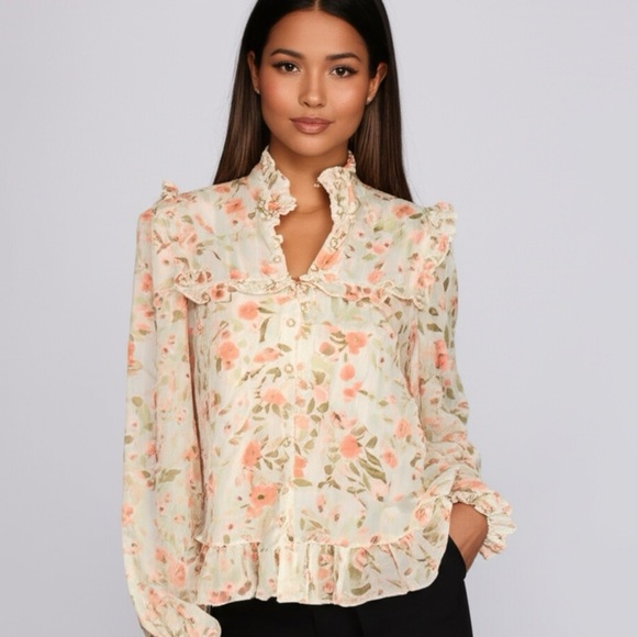 CeCe Floral Lace Blouse Pink Long Sleeve Top Feminine Mock Neck Pearls Small - Picture 1 of 10